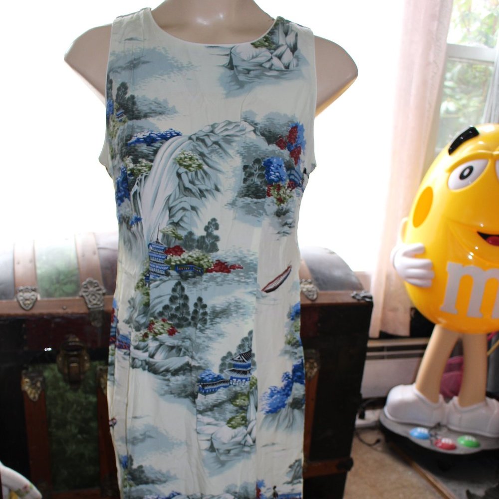 Vintage Lolani Hawaiin Dress Scenic Ocean Waterfalls Made in Hawaii Sz M Rare